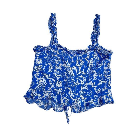 Zara Blue & White Floral Ruffle Crop Tank Top - Size Medium - Picture 4 of 9